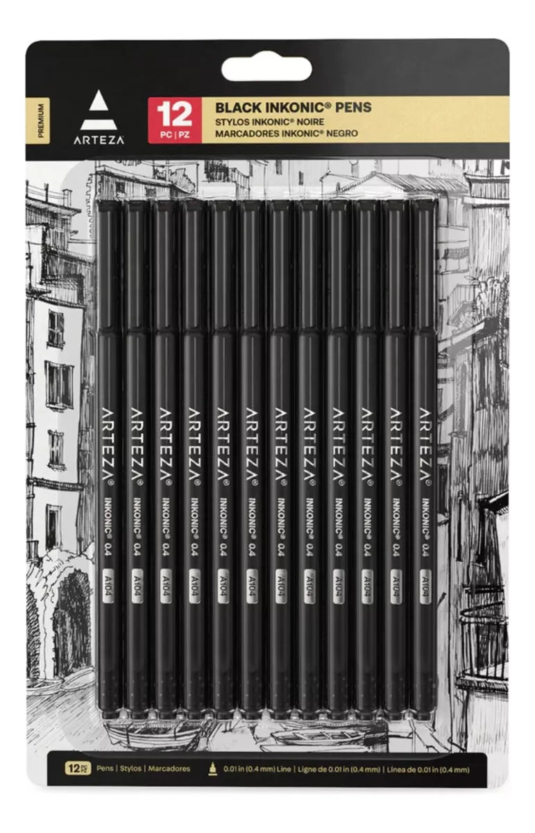 12 Boligrafos Fineliner Inkonic 0.4 Mm Color Negro Arteza