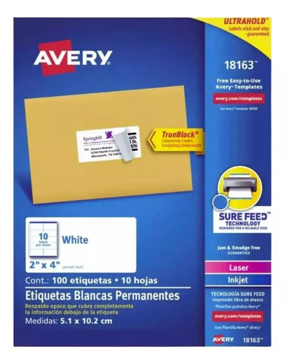 100 Etiquetas Adhesivas Blancas Avery Laser 5.1 X 10.2 Cm - Avery - vista trasera