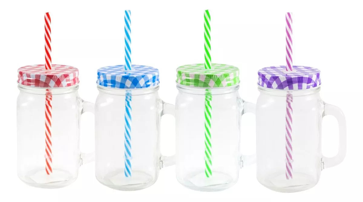 12pz Frasco Mason Jar Liso 480ml Tapa Popote Vidrio Colores