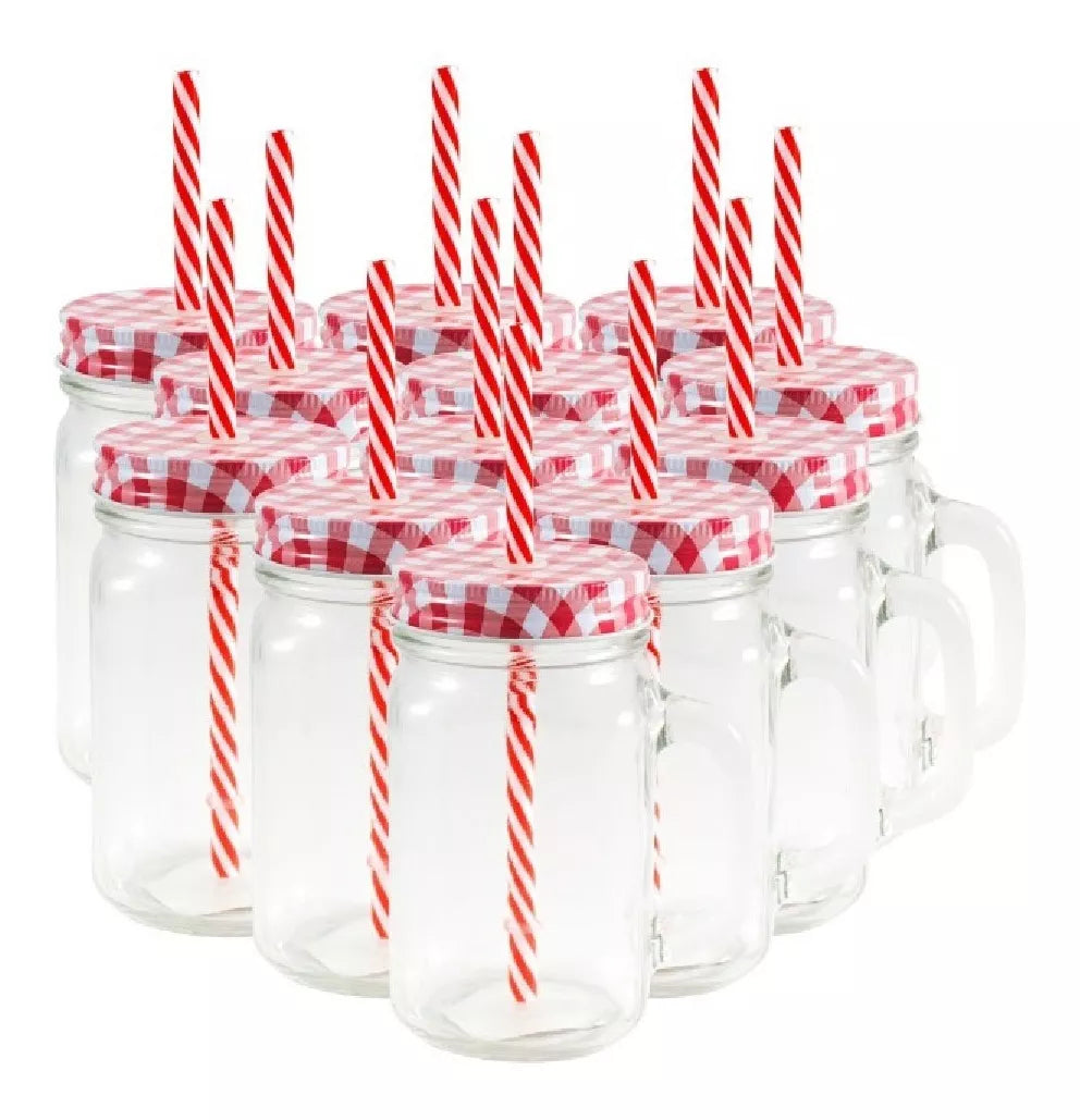 12 Tarros Mason Jars Ice Cold Drink Tapa Y Popote Asa Vaso - MarchanteMX