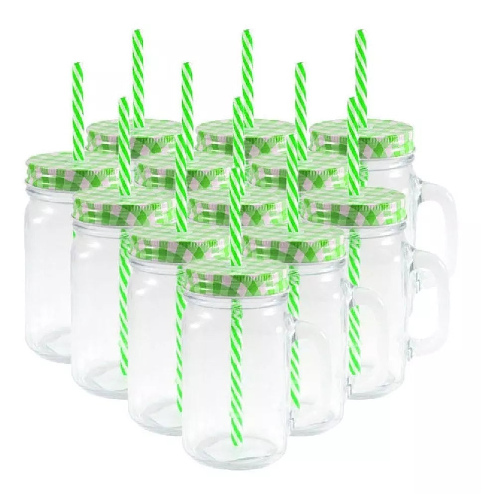 12 Tarros Mason Jars Ice Cold Drink Tapa Y Popote Asa Vaso - MarchanteMX