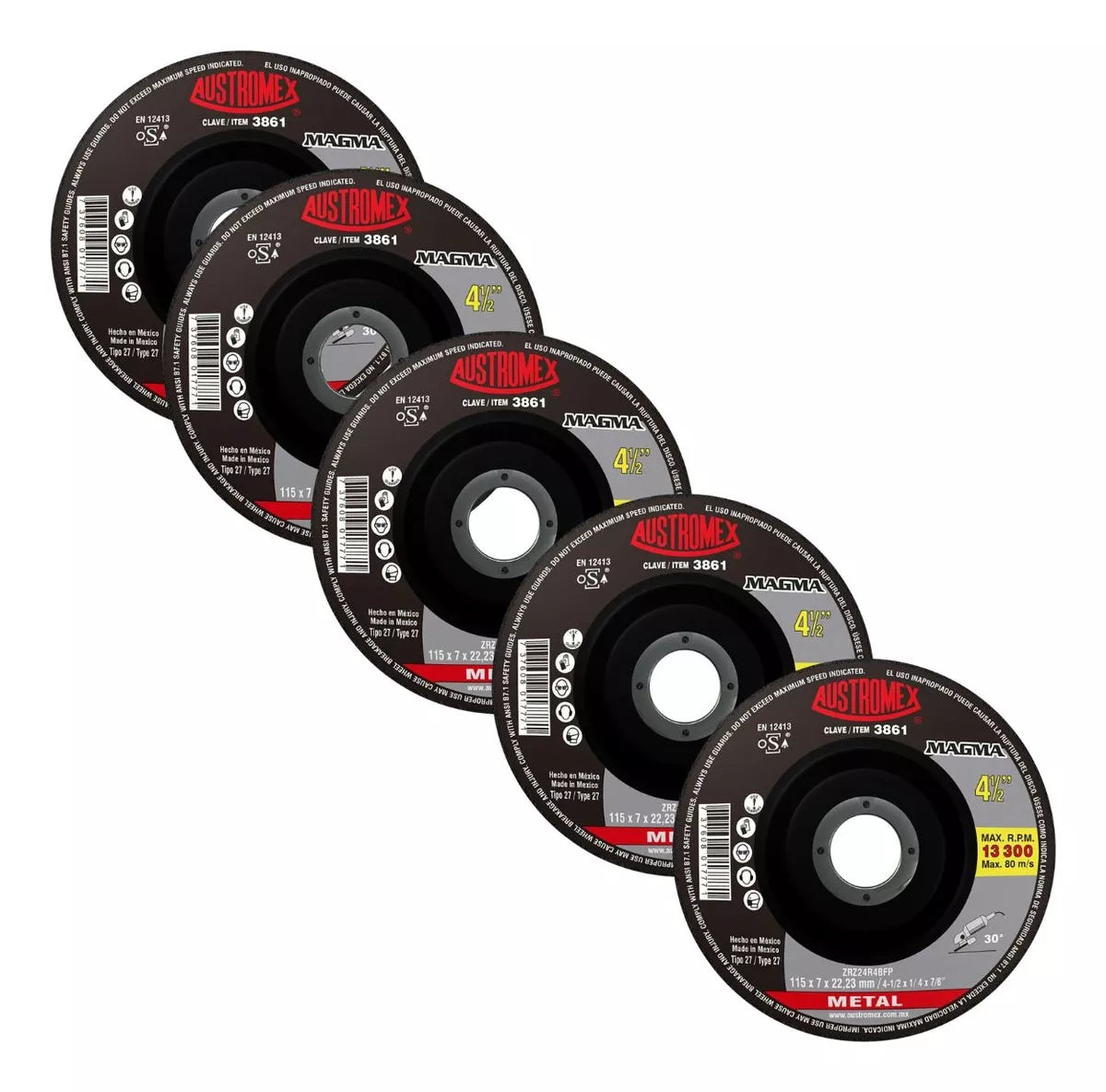 5pz Disco Abrasivo Desbaste 3861 Austromex 4-1/2'' Grano 24 - Marchante MX