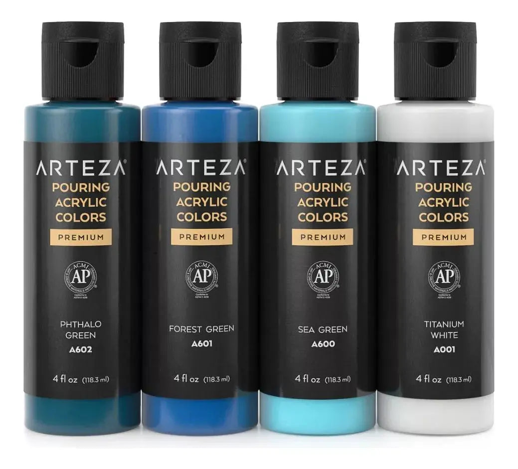 ARTEZA Acrylic Pouring Paint, Set of 4 Colors, 118.3 ml, 4 oz. Bottles, Aqua Tones, High-Flow Acrylic Paint, No Mixing Needed, Art Supplies for Pouring on Canvas, Glass, Paper, Wood, Tile, and Stones - Arteza - detalle