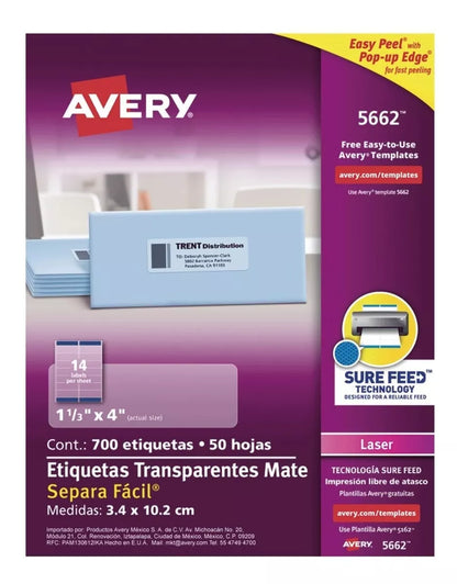 700 Etiquetas Transparente Permanente Avery 3.4 X 10.2 Cm