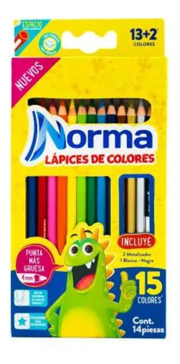 Caja 15 Lapices Colores Norma 12+3 Punta Gruesa Escolares