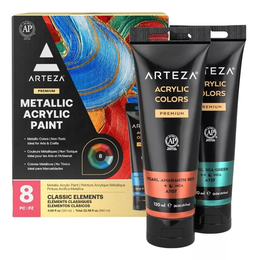 Set De 8 Pinturas Acrilicas Metalicas Arteza Color Elementos Clasicos