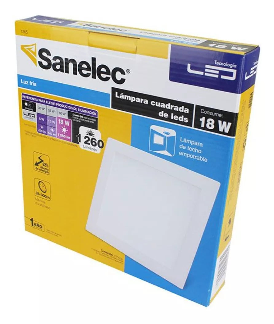 Luminario Led Sanelec 18w Cuadrado Empotrar Luz Fria Blanco