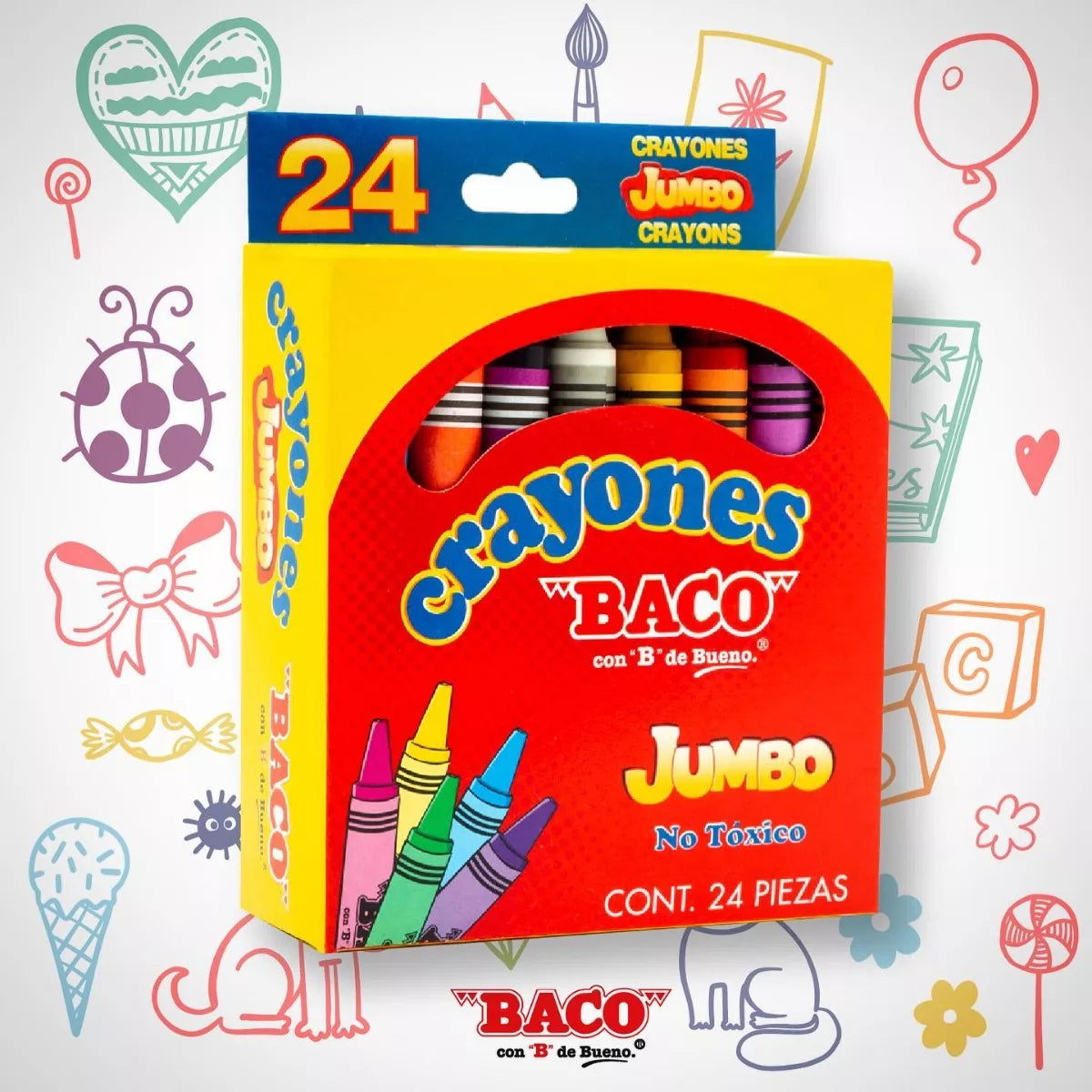 24 Crayones Jumbo Redondos Baco Escolares Dibujo Colorear