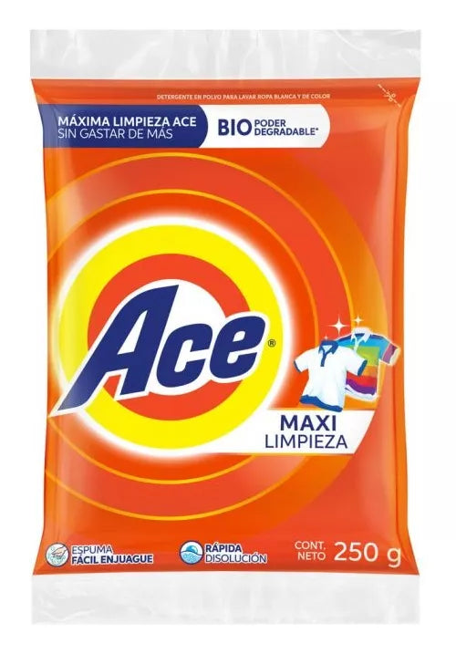 Detergente En Polvo Ace 250 Gr Ropa Blancos Y Colores