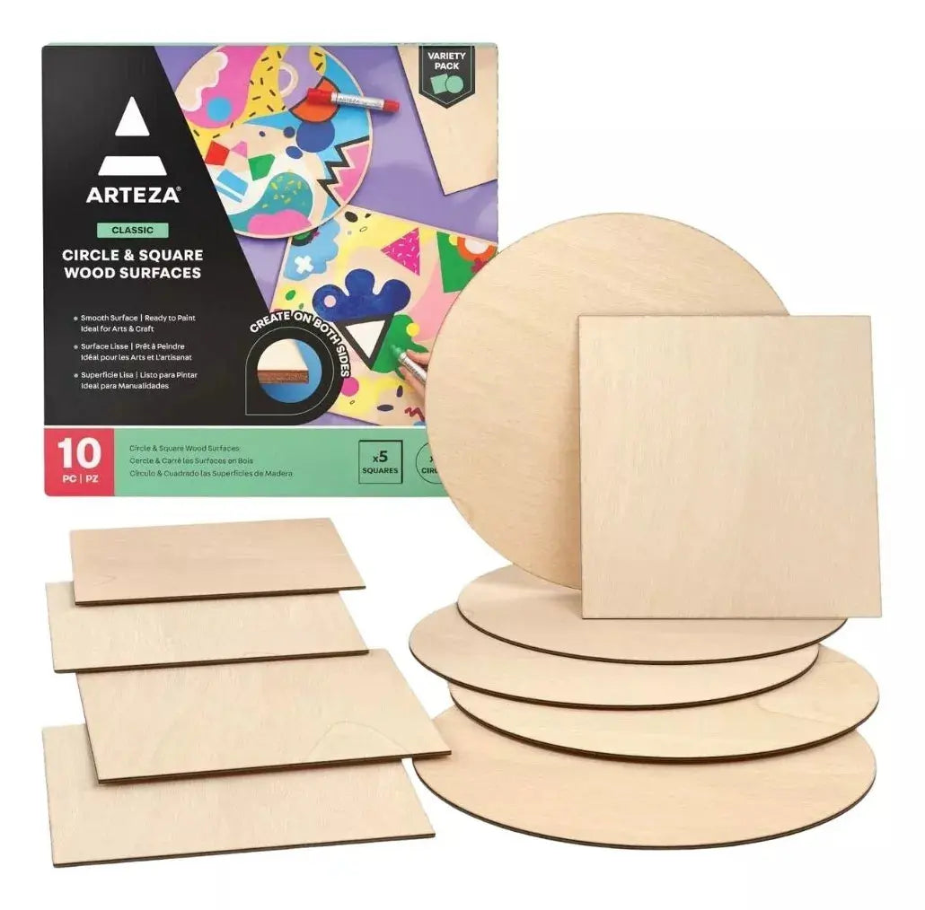 10 Lienzos Circulos Y Cuadrados De Madera Arteza - Coveme - vista lateral