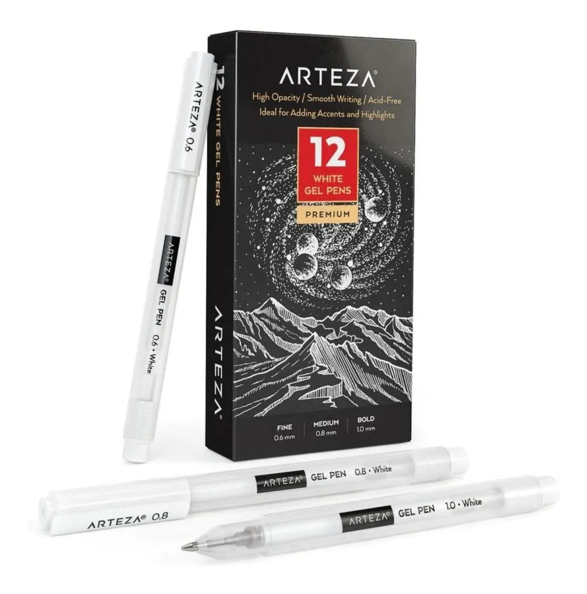 Set 12 Plumas Gel Blancas Arteza Punto 0.6 Mm 0.8 Mm 1 Mm