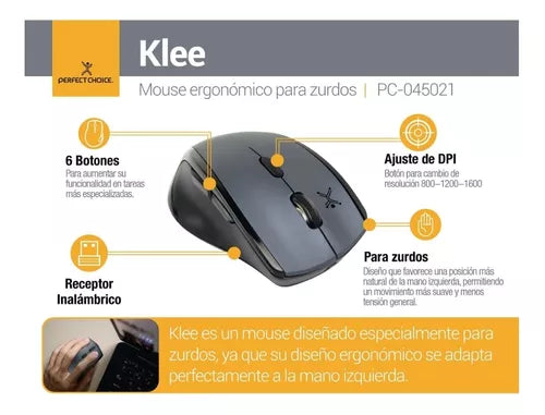 Mouse Inalambrico Zurdos Perfect Choice Negro Ergonomico Dpi