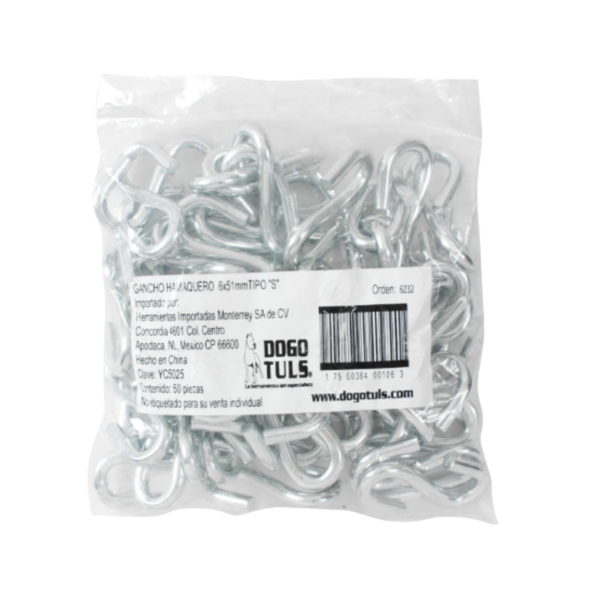 Bolsa con 50 Pz Gancho Hamaquero Tipo “S” 8 x 75 mm