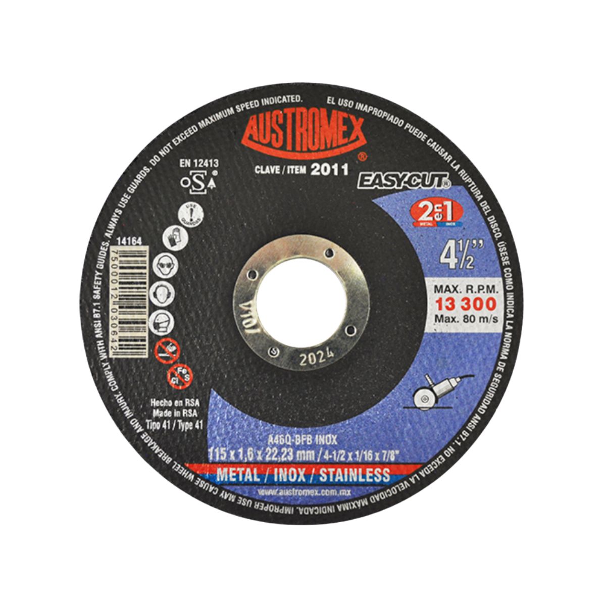 Disco abrasivo Austromex tipo 41 grano 24 de 115 x 1.6 x 22.23 mm