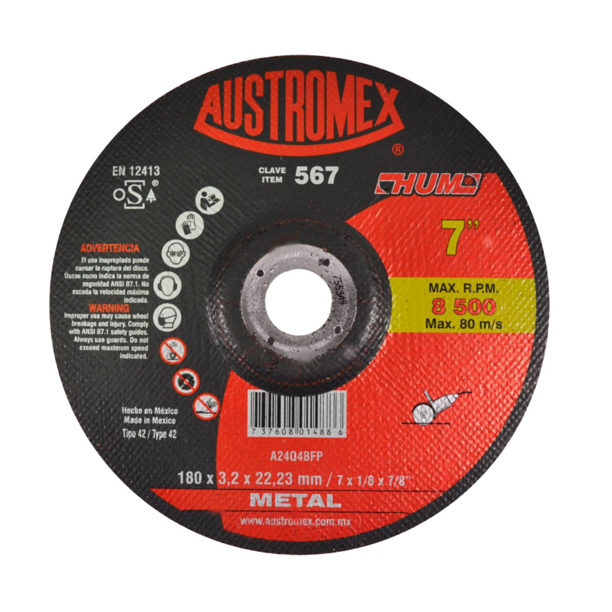 Disco abrasivo Corte Metal 180x3.2x22.23 mm Clave 567 Austromex