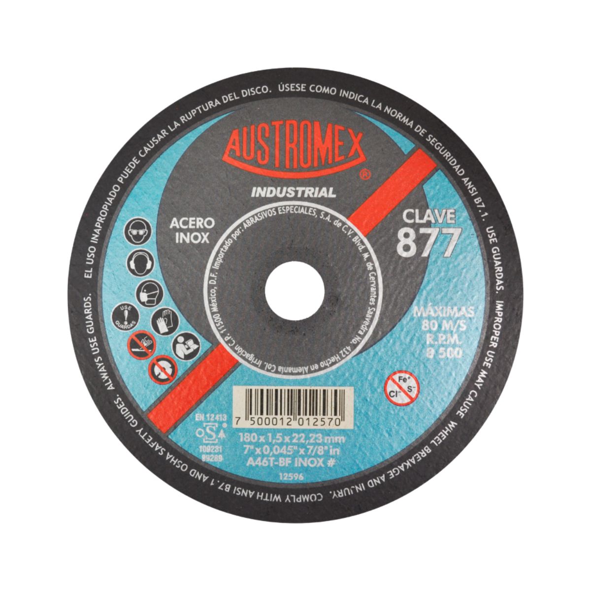 Disco abrasivo de 180 x 1.5 x 22.23 mm para corte de acero inoxidable Austromex