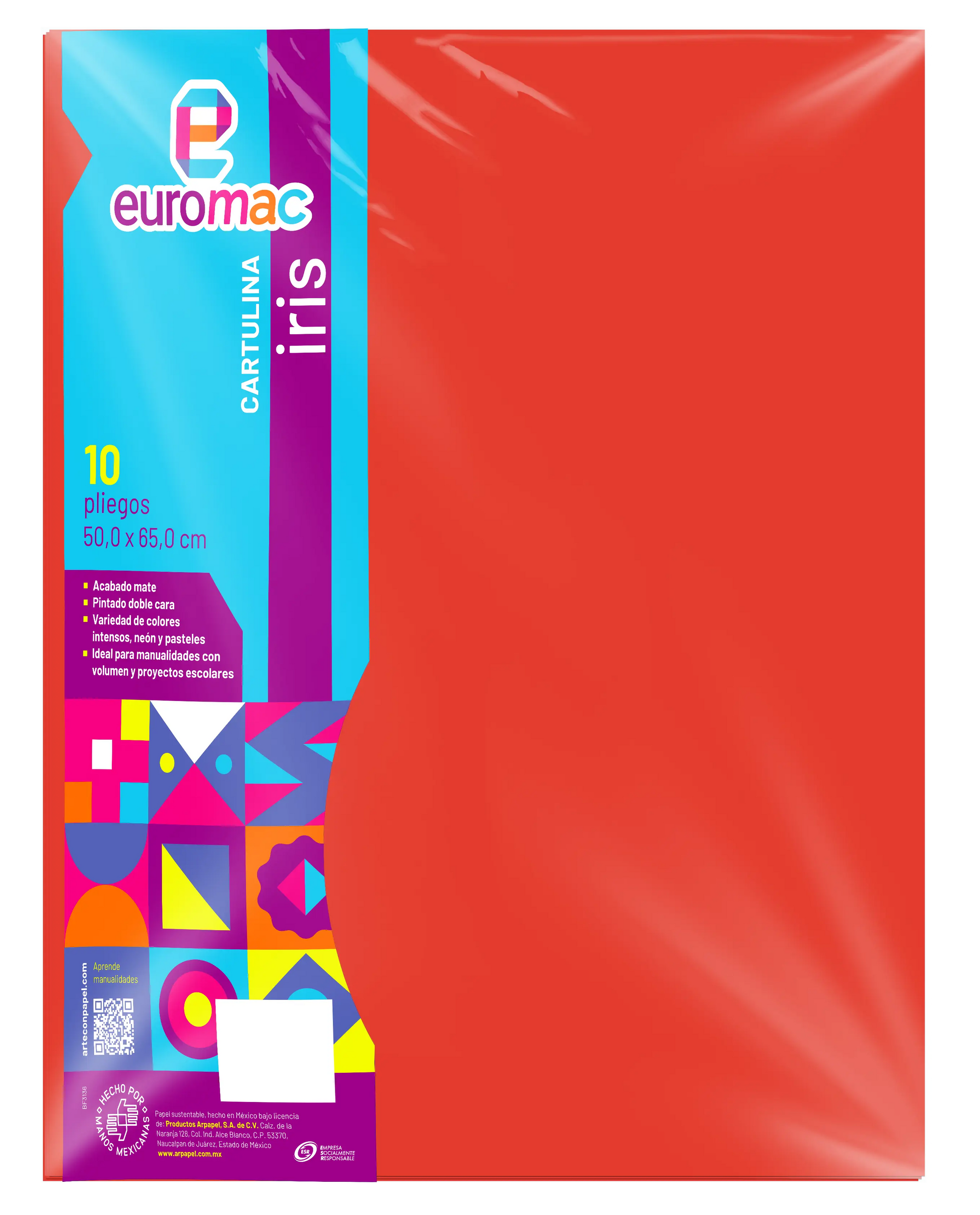 10 Pliegos Cartulina Iris Euromac 50X65 Color Rojo - Euromac