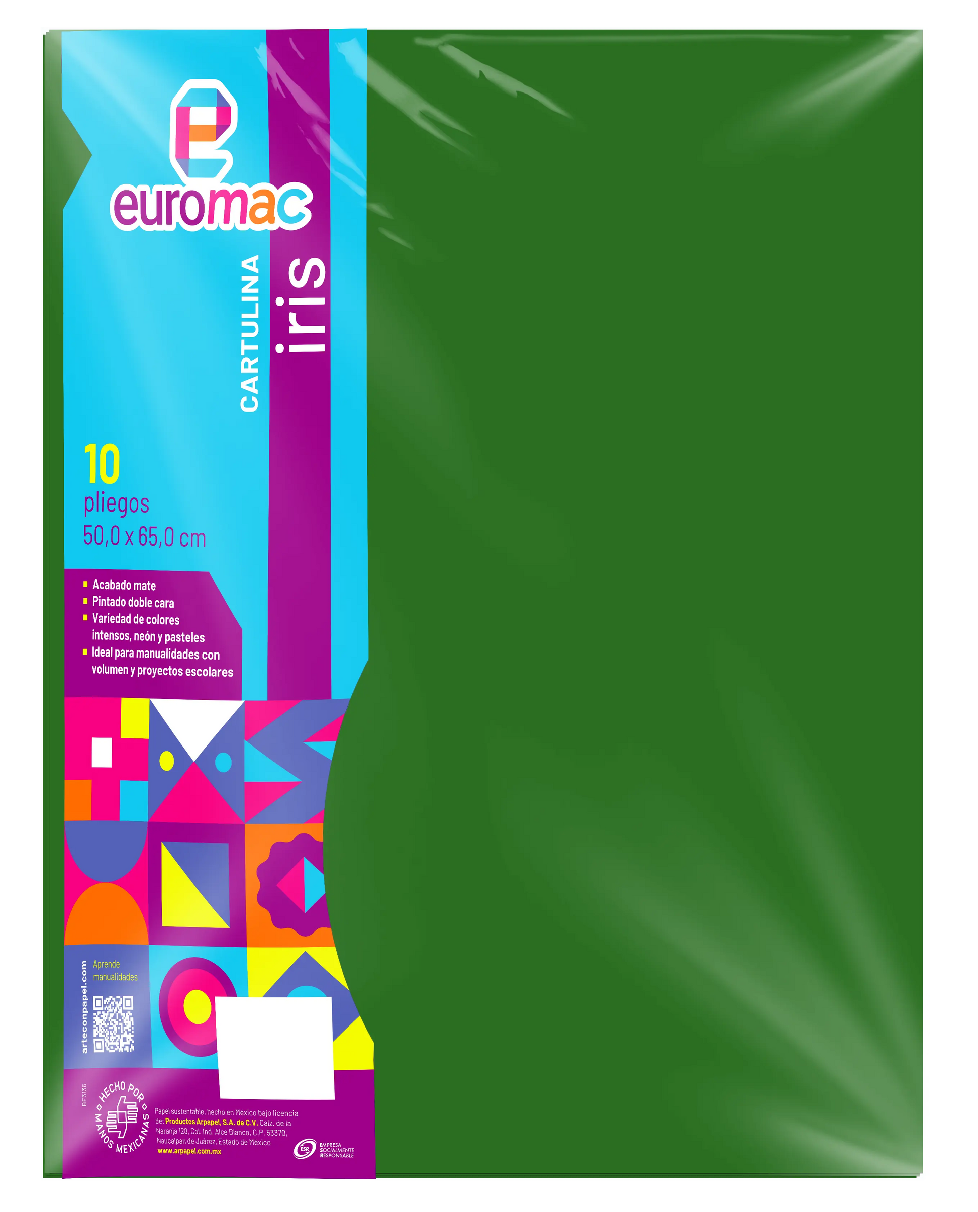 10 Pliegos Cartulina Iris Euromac 50X65  Color Verde - Euromac