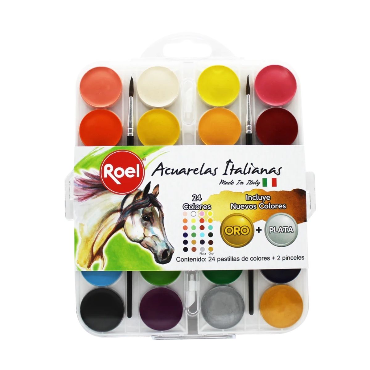 24 Pastillas Acuarela Efecto Mate Oro Plata Roel Estuche