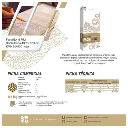 Paquete 500 Hojas Papel Facia Bond Doble Carta 75g Blanco - Exel - detalle