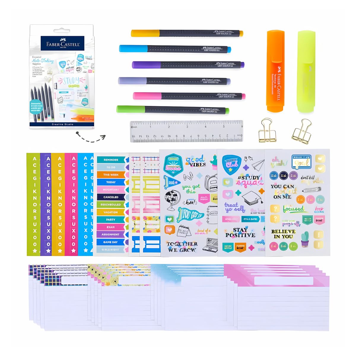 Kit Studygram Essential Note Taking Supplies Faber Castell Amarillo, Naranja, Verde, Azul, Violeta