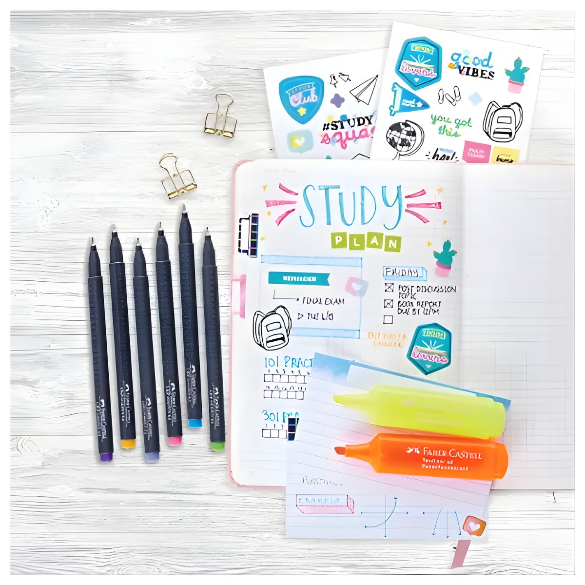 Kit Studygram Essential Note Taking Supplies Faber Castell Amarillo, Naranja, Verde, Azul, Violeta