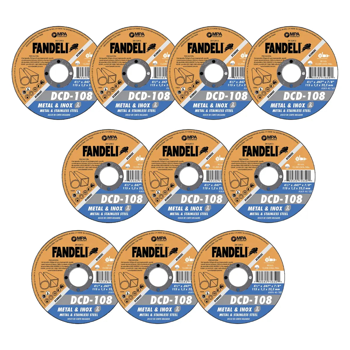 10pzs Disco corte delg met inox eco 4½" Fandeli 115mm x 1.2mm x 22.2mm - Fandeli - detalle
