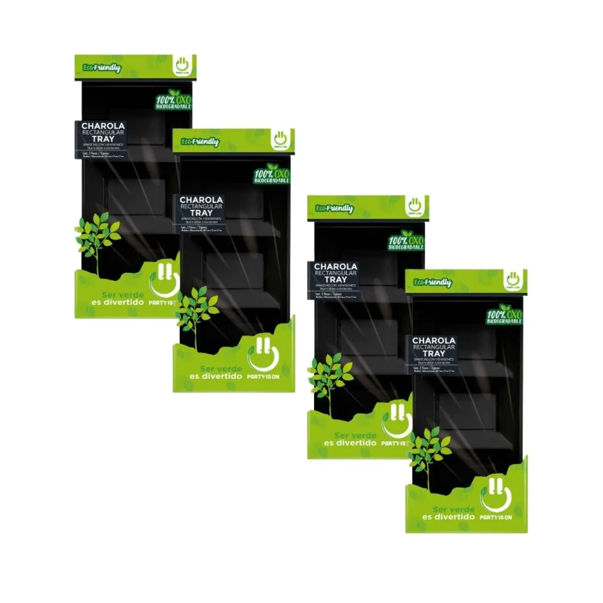 12pz Charola Botanera Rectangular 3 Divisiones Desechable Negro - PARTY IS ON - vista lateral