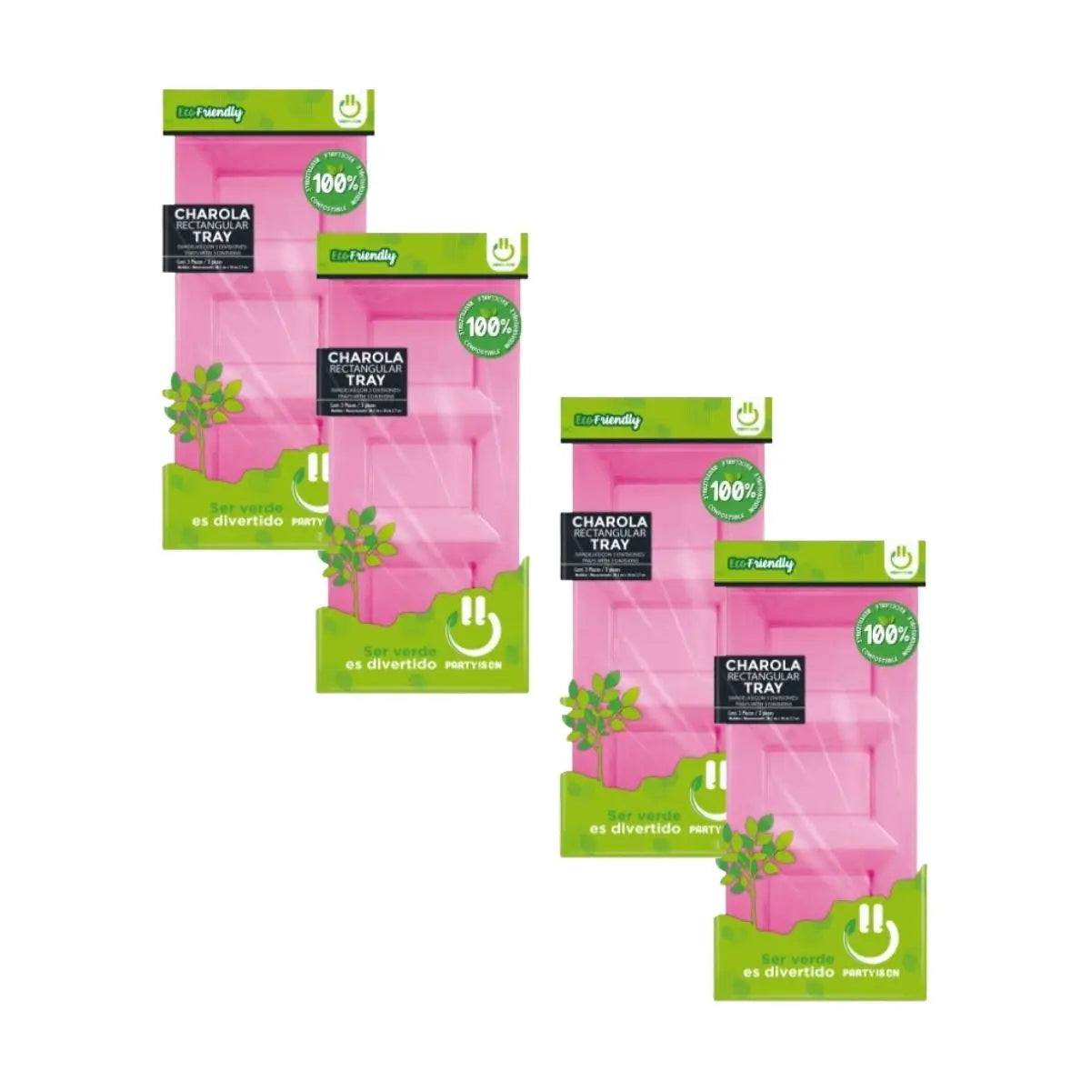 12pz Charola Botanera Rectangular 3 Divisiones Desechable Rosa - PARTY IS ON - detalle