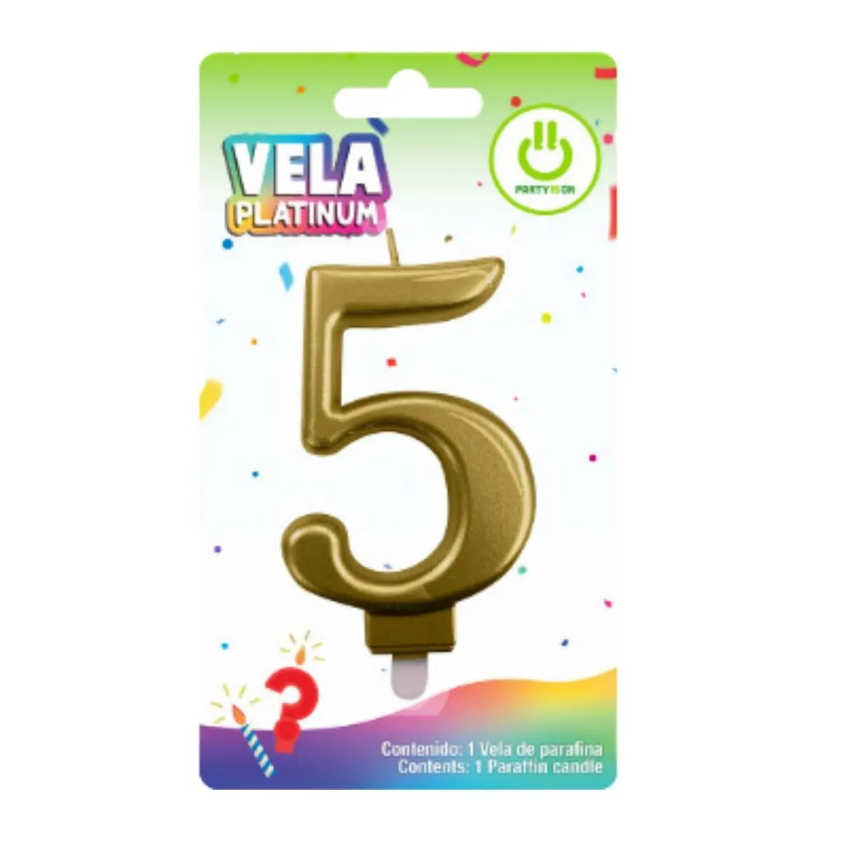 Vela Platinum Dorado Party Is On Signo Numero Pastel Cumple Cinco - PARTY IS ON - empaque