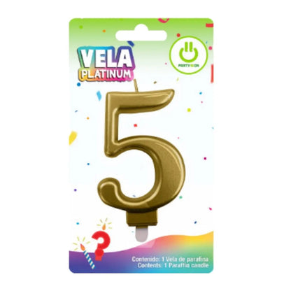 Vela Platinum Dorado Party Is On Signo Numero Pastel Cumple Cinco - PARTY IS ON - empaque