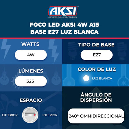 Paquete de 10 Focos LED A15 4W Aksi Luz Blanca Base E27 - Aksi - vista lateral