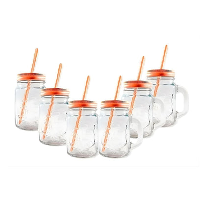 6 Tarros Mason Jar Ice Cold Drink Tapa Y Popote Asa Cobre