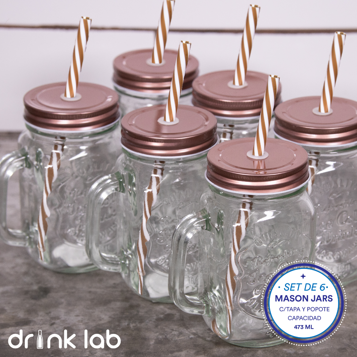 6 Vasos Mason Jar Ice Cold Drink Tapa Cobre Popote