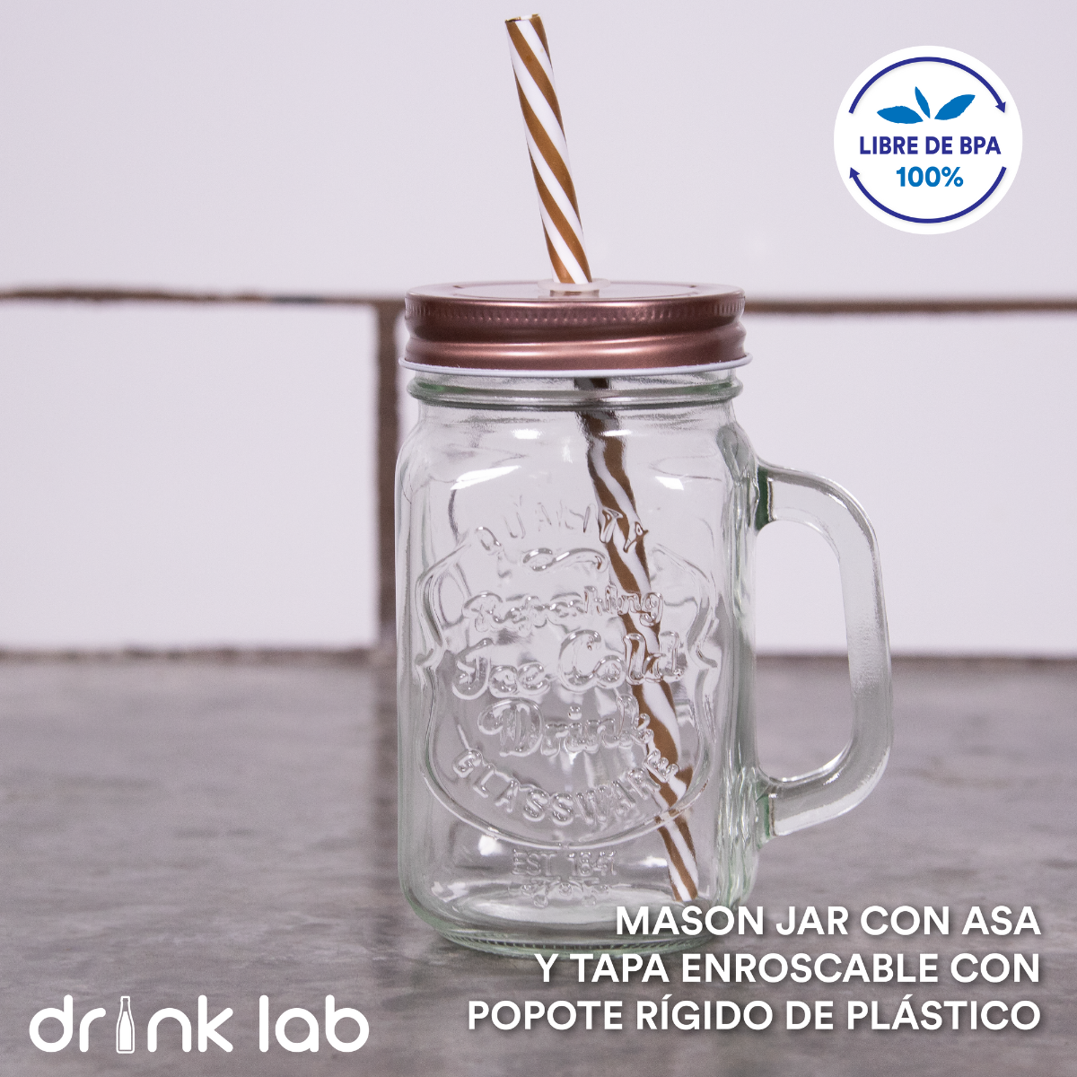6 Vasos Mason Jar Ice Cold Drink Tapa Cobre Popote