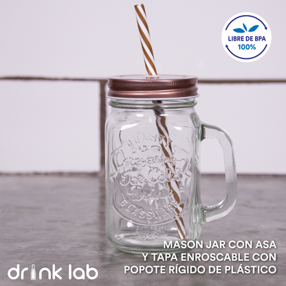 6 Vasos Mason Jar Ice Cold Drink Tapa Cobre Popote
