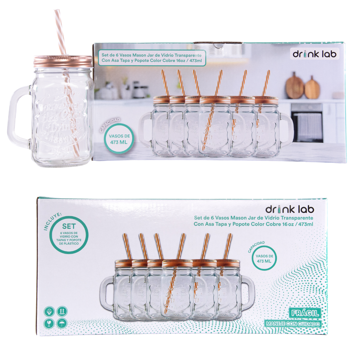 6 Vasos Mason Jar Ice Cold Drink Tapa Cobre Popote