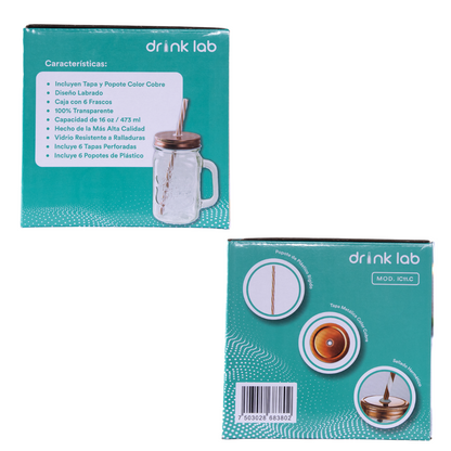 6 Vasos Mason Jar Ice Cold Drink Tapa Cobre Popote