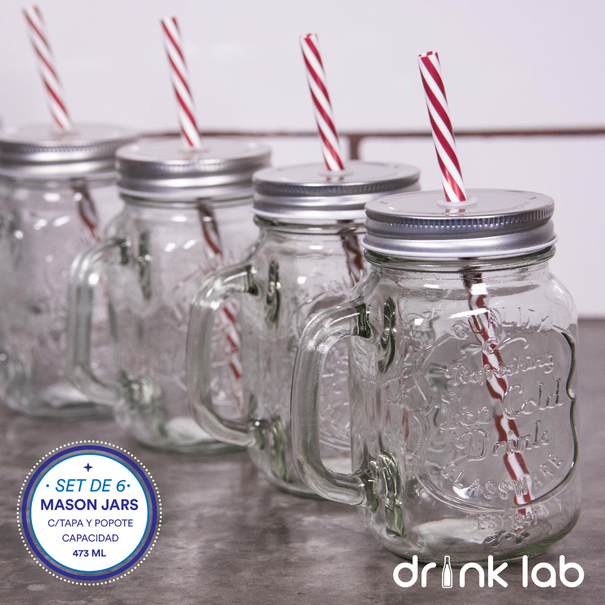 6 Tarros Mason Jar Ice Cold Drink Tapa Plata Y Popote Mayoreo Asa
