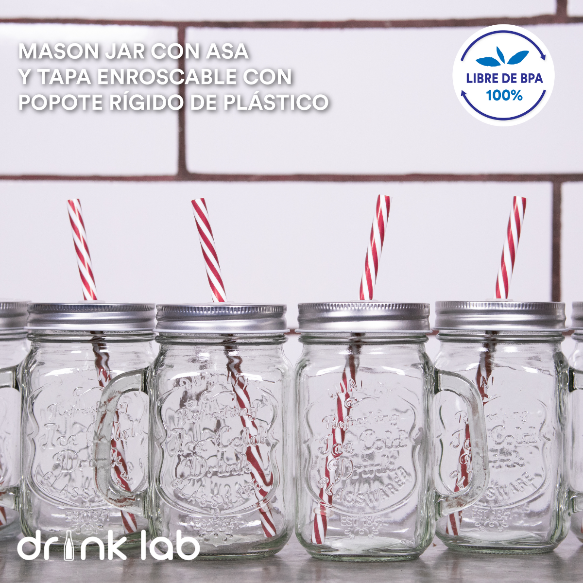 6 Tarros Mason Jar Ice Cold Drink Tapa Plata Y Popote Mayoreo Asa