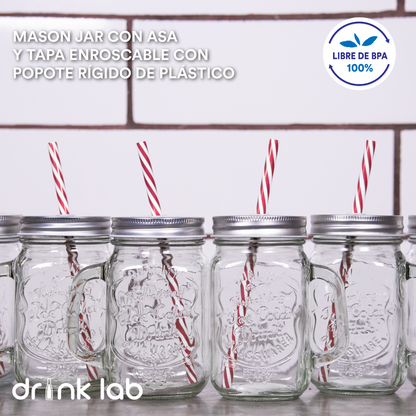 6 Tarros Mason Jar Ice Cold Drink Tapa Plata Y Popote Mayoreo Asa