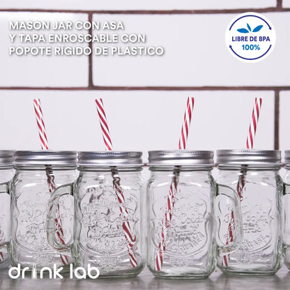 6 Tarros Mason Jar Ice Cold Drink Tapa Y Popote Mayoreo Asa Color Grabado Tapa Plata Hoyito Drink Lab