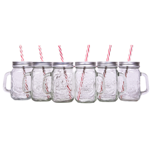 6 Tarros Mason Jar Ice Cold Drink Tapa Y Popote Mayoreo Asa Color Grabado Tapa Plata Hoyito