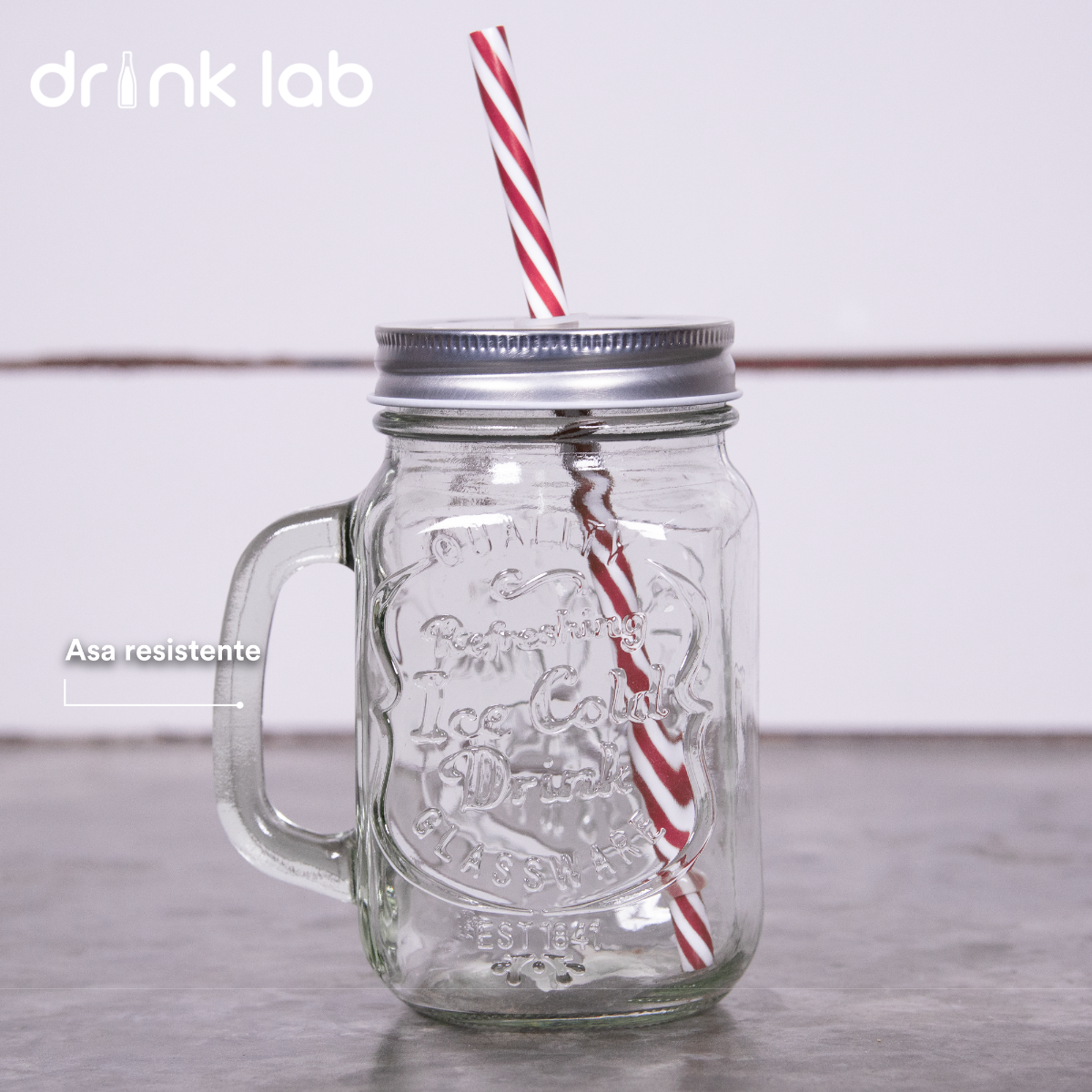6 Tarros Mason Jar Ice Cold Drink Tapa Plata Y Popote Mayoreo Asa