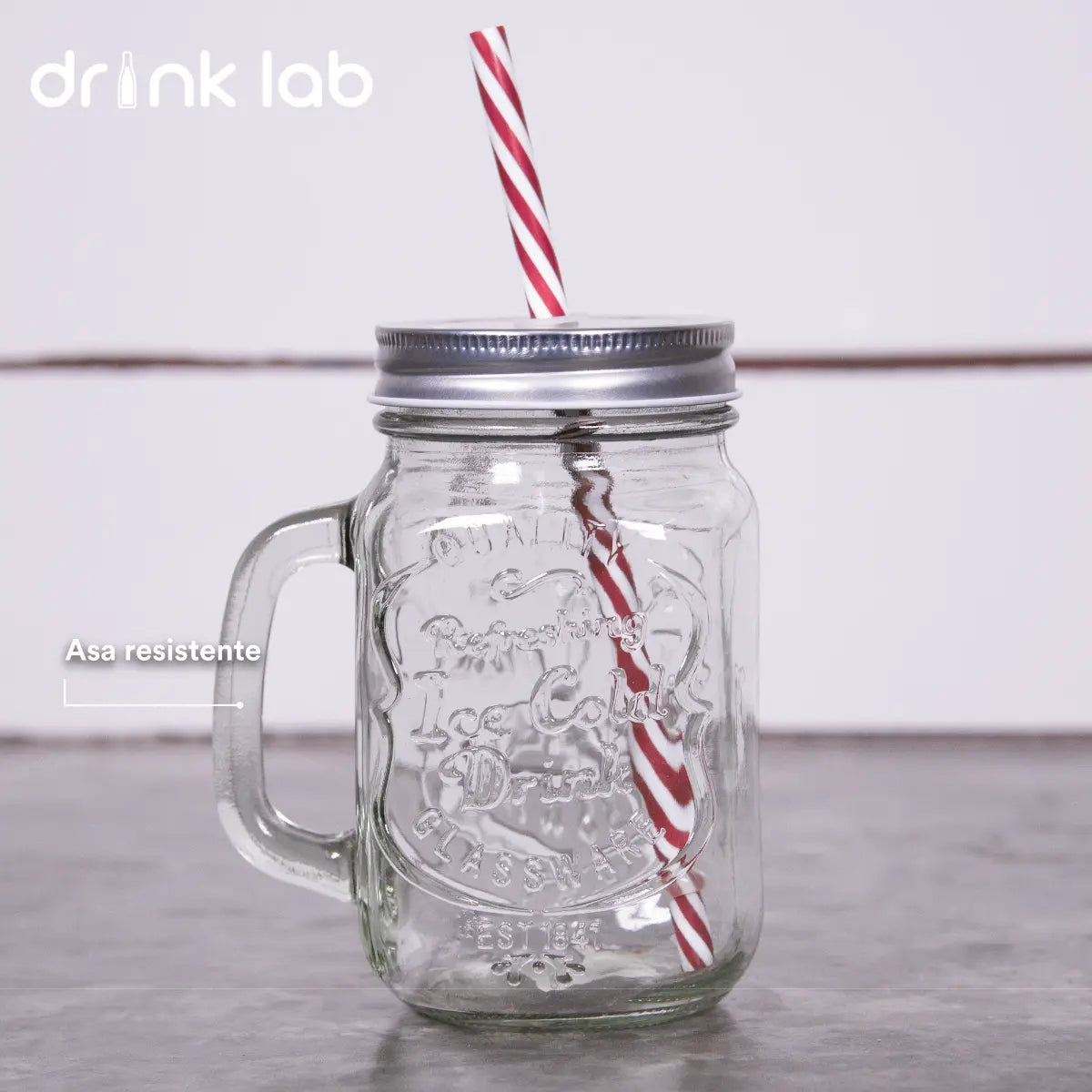 6 Tarros Mason Jar Ice Cold Drink Tapa Y Popote Mayoreo Asa Color Grabado Tapa Plata Hoyito Drink Lab