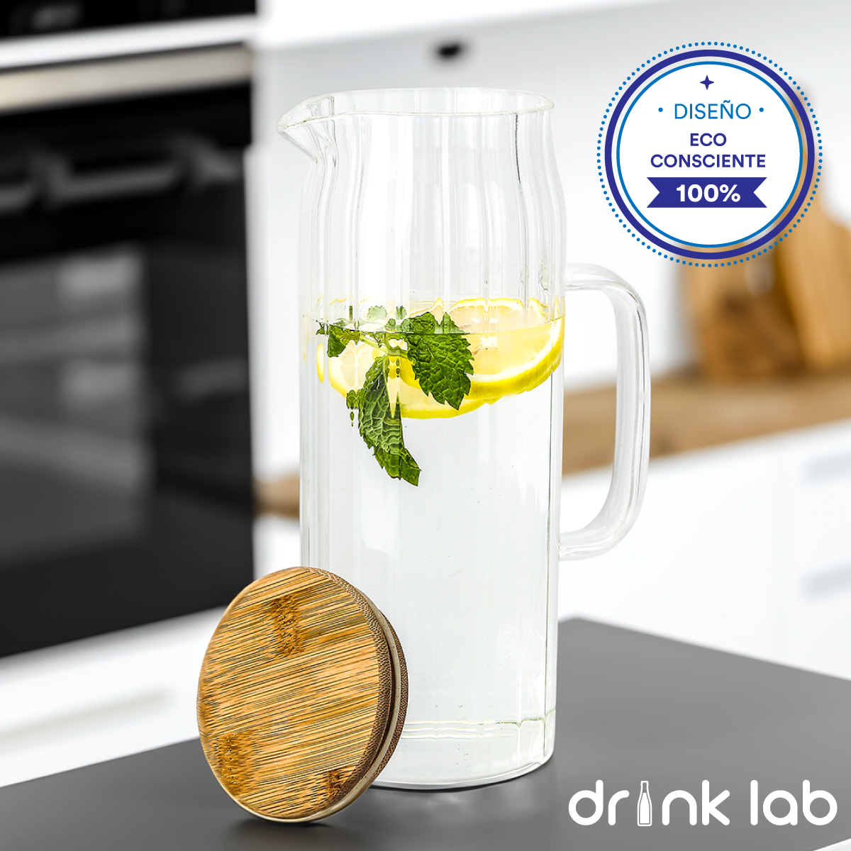 Jarra Cairo Tapa Bambu Vidrio 1.2 Litros Hogar Transparente Drink Lab