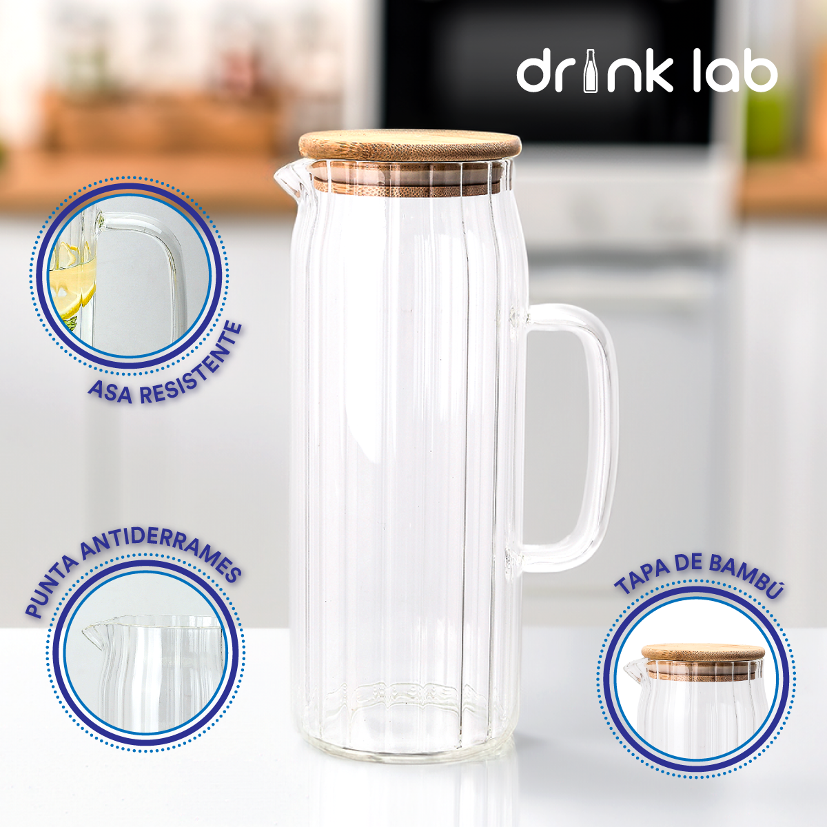 Jarra Cairo Tapa Bambu Vidrio 1.2 Litros Hogar Transparente Drink Lab