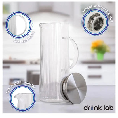 Set 2 Jarra Vidrio Giza Tapa Acero Inoxidable 1.3 Litros Transparente