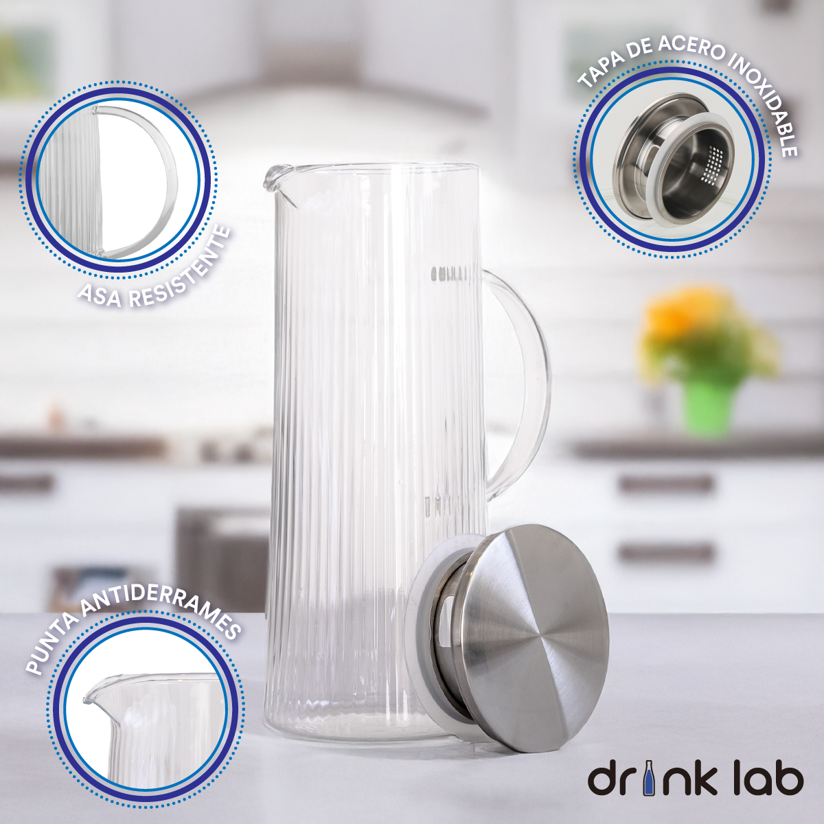Jarra Vidrio Giza Tapa Acero Inoxidable 1.3 Litros Hogar