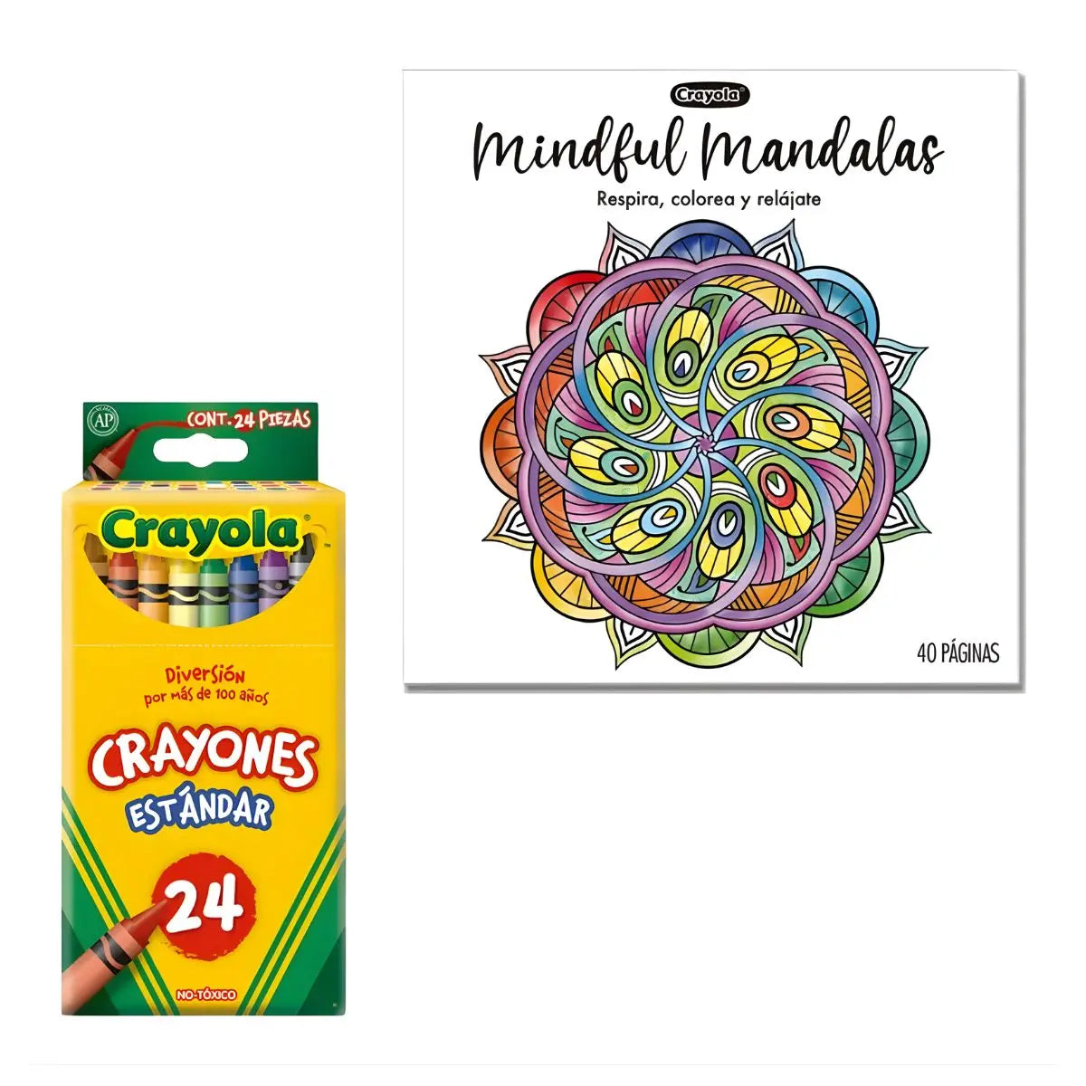 Kit Libro Para Colorear Mandalas + 24 Crayones Crayola Estandar Redondos Delgados Escolares - Crayola